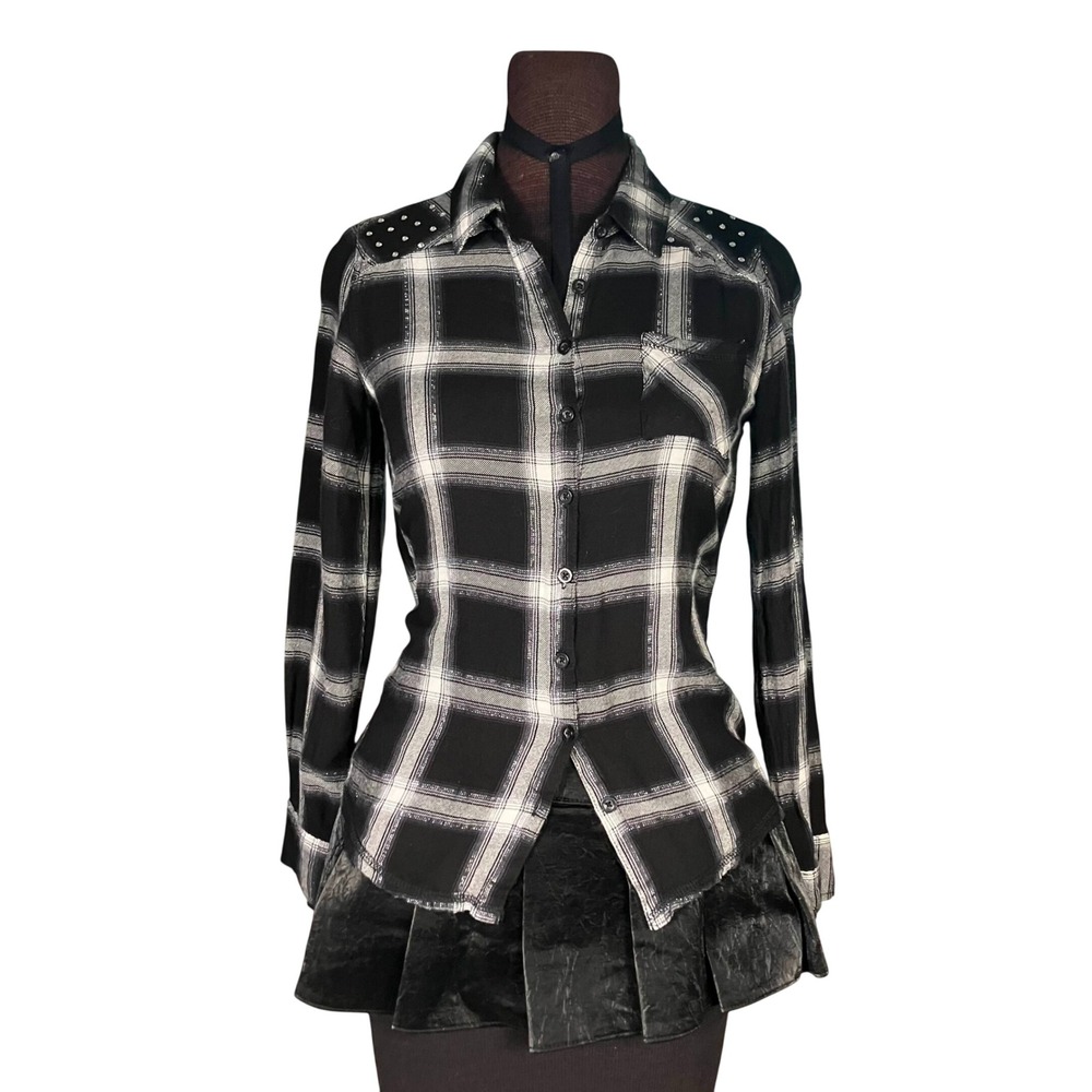 Justice Girls Black White Plaid Studded Button Down Long Sleeve Shirt Size 14